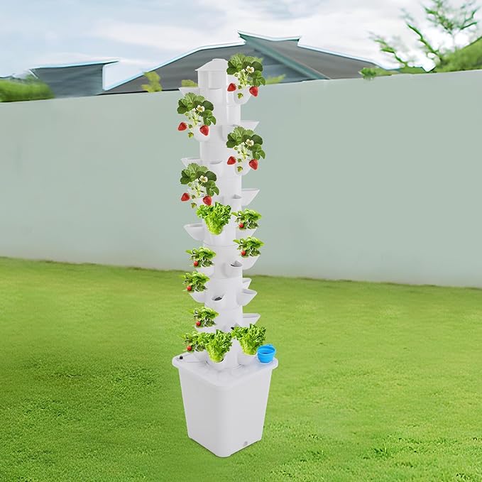 45-Pod Hydroponic Tower Growing System Hydroponic Gardening Kit for Indoor Vertical Garden - 9 Tier 45 Holes with 2.64Gal Tank &amp Pump for Vegetables Herbs Flowers - Freestanding White PP Desig