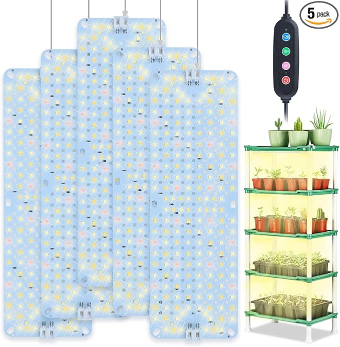5Pack Panel Grow Lights for Indoor Plants Seed Starting Vegetables with 4/8/12/16/20 Hr Timer 40W Full Spectrum LED Plant Growing Lamps for Cabinet/Shelves/Greenhouse Plug-and-Play Connect Freely