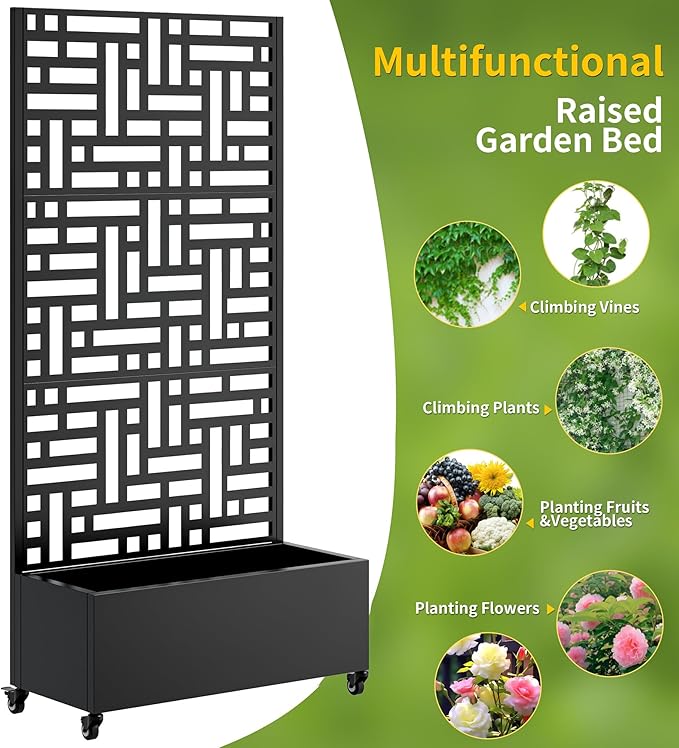 Metal Planter Box with Trellis Outdoor Raised Garden Bed with 4 Wheels Trellis Features Drainage Holes 72X47X16 Privacy Screen with Planter Box for Climbing Plants Vegetables (B-Black)