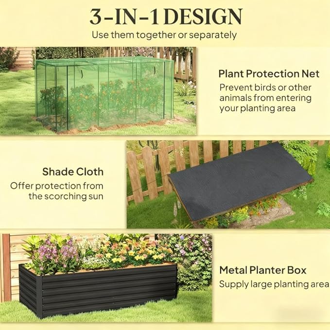Raised Garden BedGalvanized Steel Planter Box with Crop Cage and Shade Cloth ON687