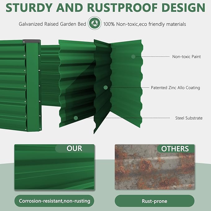 FOOWIN 2pcs 8x4x2ft Galvanized Raised Garden Bed Planter Raised Garden Boxes Outdoor Large Metal Raised Beds for Gardening Garden Bed for Vegetables Flowers Herb478 Gallon Capacity Green