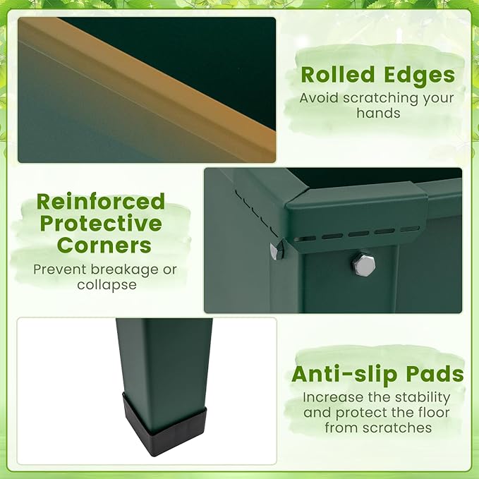 HAPPYGRILL Raised Garden Bed Metal Elevated Planter Box w/Legs Drainage Holes for Growing Vegetables Fruits Flowers Indoor Outdoor Standing Plant Container for Backyard Patio (Green 40”x16”x32”)