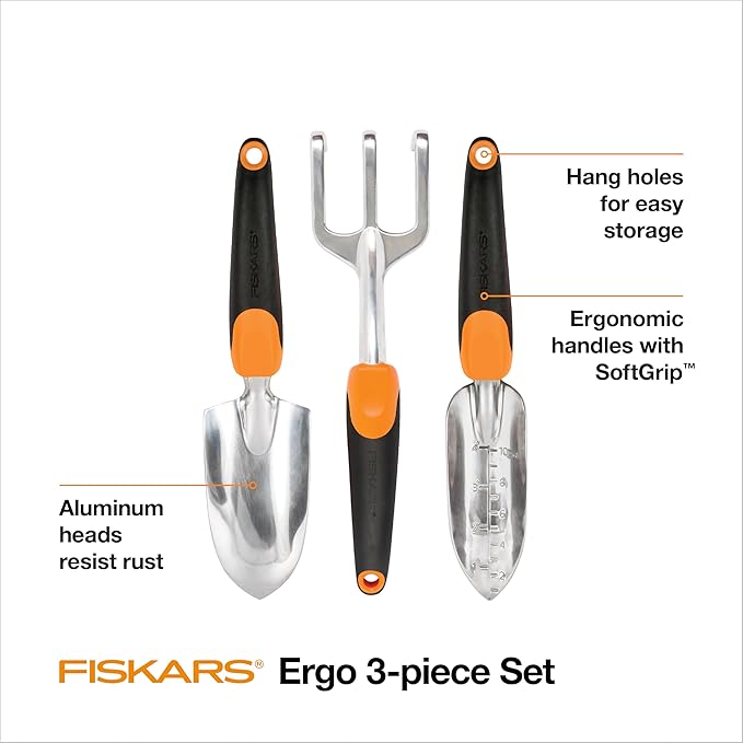 Fiskars 3-in-1 Garden Tool Set Polished Cast-Aluminum Heads for Rust Resistance Heavy-Duty Trowel Transplanter &amp Cultivator for Digging and Planting Non-Slip SoftGrip Handles Reduce Fatigue