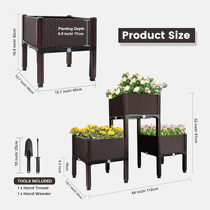 MAYOLIAH Raised Garden Bed with Drainage Elevated Planter Box Plastic Raised Beds for Gardening Vegetables Herb Flowers Perfect for Indoor Outdoor Planting 3 Boxes Brown
