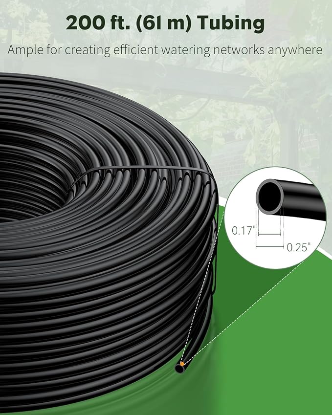 Pawfly 200 ft. 1/4 Drip Irrigation Tubing Black Distribution Tubing for Drip Irrigation System Polyethylene Drip Line Drip Irrigation Hose Tube for Quick-Connect Drip Irrigation Emitters