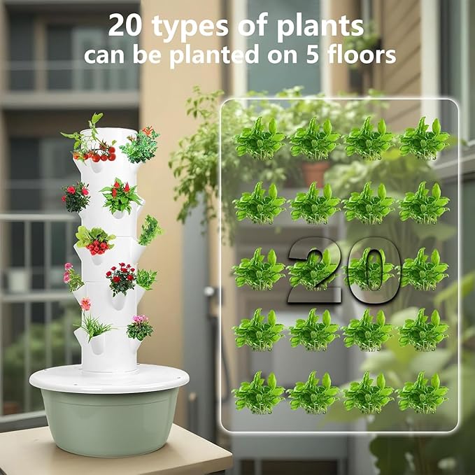 Hydroponic Tower Garden Hydroponic Growing System Vertical Tower with Hydrating Pump and Movable Water Tank for Indoor Herbs Fruits and Vegetables Gardening Lover Black-5Layer