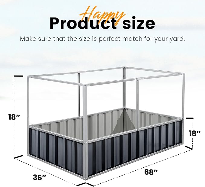 KING BIRD 68 x 36 x 34.6 Raised Garden Bed with Garden Anti-Bird Protection Netting Structure Galvanized Steel Metal Planter Kit Box with 2 Pairs of Gloves Dark Grey