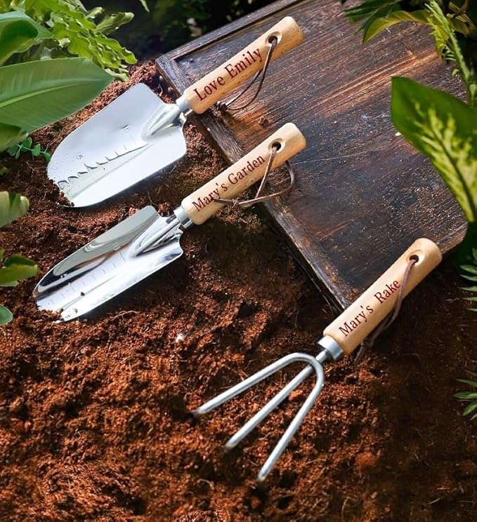 Personalized Garden Tools Set with Wooden Handles 3-Piece Set with Trowel Rake and Shovel Custom Engraved Gardening Gift for Mom Wife Grandmother - Includes Shovel Rake &amp Trowel Complete Se