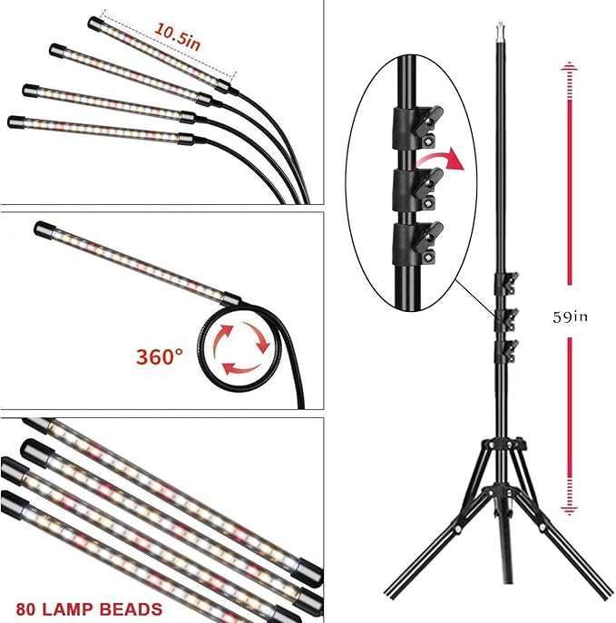 Grow Light with Stand for Indoor Plants 4-Head LED 80 LED Full Spectrum Floor Grow LampTiming 4/8/12H for Tall &amp Large Plants with RF Controller (Tripod Adjustable 25-59 Inch)