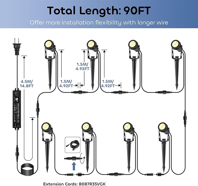 ECOWHO Landscape Lighting with Transformer IP65 LED Outdoor Spotlights Waterproof 30W 2000LM Warm White 3000K Garden Lights 90ft Cable for Garden Pathway Yard Tree Uplighting Patio (8 Pack)