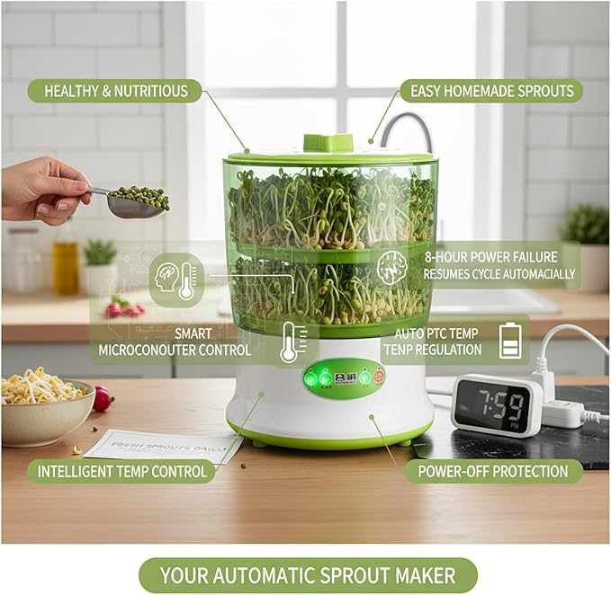 Bean Sprouts Grow Kit 2-Tier Large Capacity Seed Sprouting Kit with 360° Spray 3 Modes for Indoor Gardening Green
