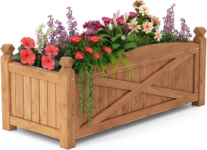 Raised Garden Bed 36”L x 16”W x 15”H Wooden Planter Box w/Drainage Holes &amp Removable Base Rectangular Garden Bed for Flowers Herbs Vegetables Fruits Patio Balcony Yard