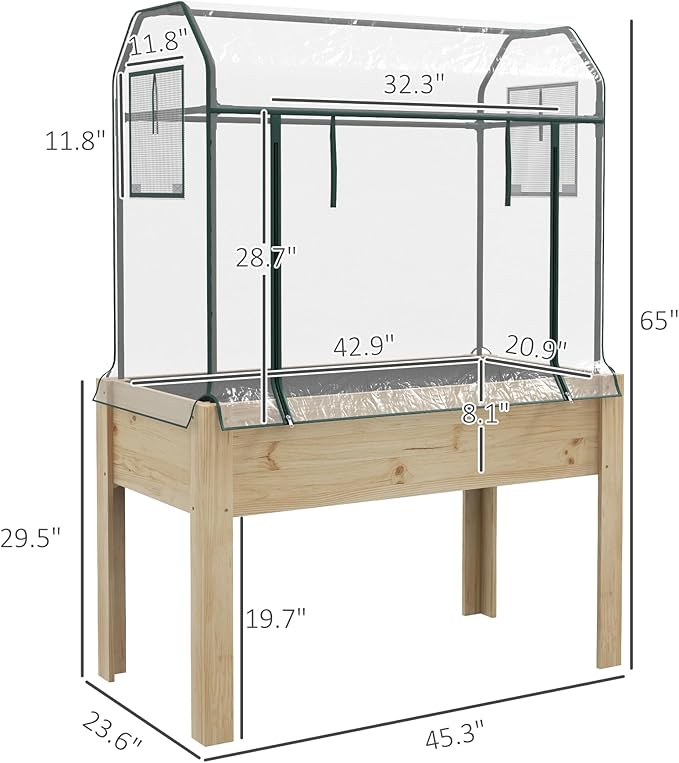 Outsunny Raised Garden Bed with Plastic Greenhouse Cover and Bed Liner Outdoor Elevated Wood Planter Box for Herbs and Vegetables Use for Patio Backyard Balcony 45 x 24 x 65 inch Natural
