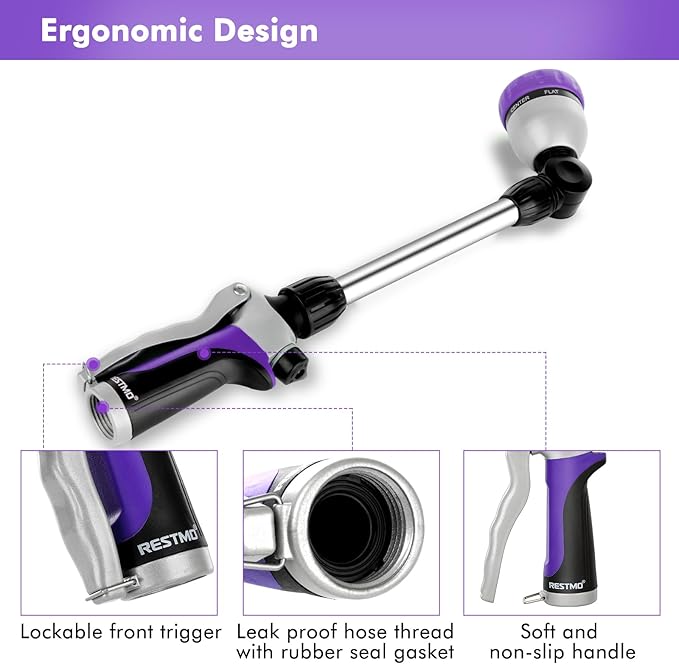 RESTMO Metal Watering Wand Heavy Duty Garden Hose Wand with 180° Swivel Ratcheting Head 16'' Hose Nozzle Sprayer with 7 Spray Patterns and Flow Control for Water Hanging Baskets and Shrubs Purple