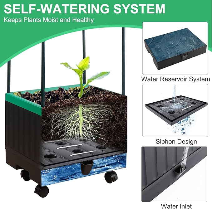 Raised Garden Bed with Self Watering Garden Pots Planter Box with Trellis for Climbing Plants Vegetable Vine Flowers Tomato Cage Planter for Indoor Outdoor Yard Greenhouse Use