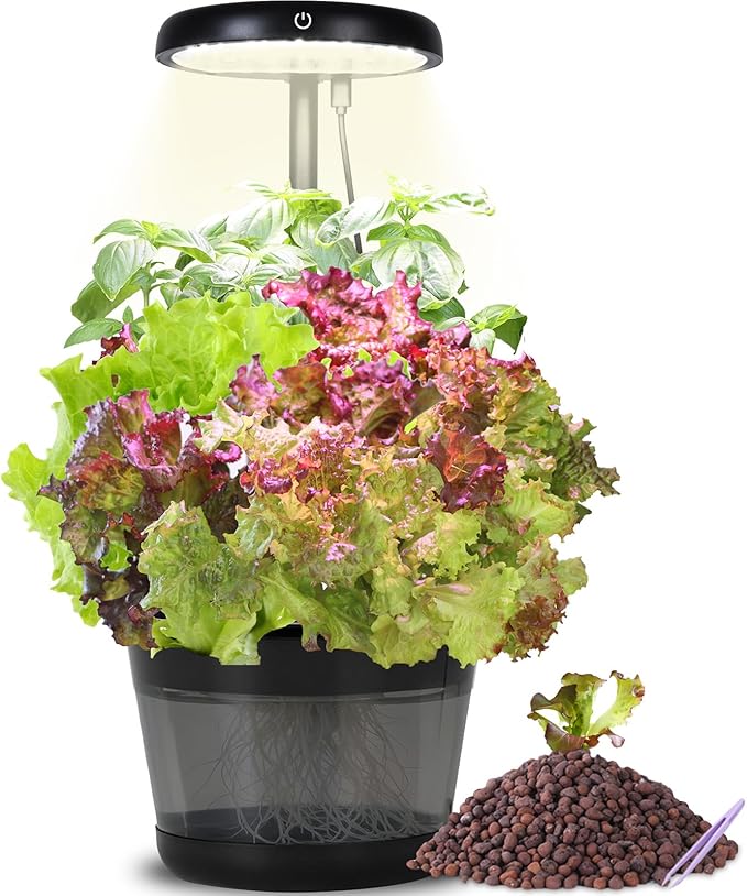 Indoor Clay pellets hydroponic Gardening System with 20-W LED Plant Grow Light.The Translucent hydroponic Growing System for Hydroponic Herbs Vegetables Lettuce Harvest on Countertop