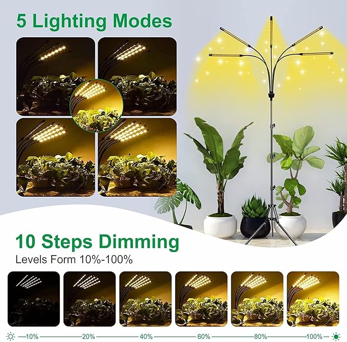 5-Head Adjustable LED Lights Full Spectrum Grow Lamp with Timer Warm White Light for Indoor Plants