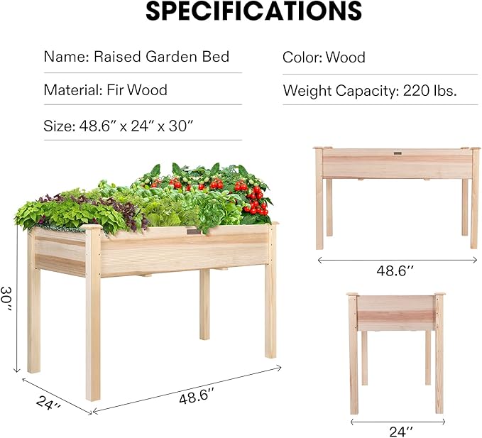 VIVOSUN Elevated Wooden Raised Garden Bed 48 x 24 x 30 Inches Outdoor Wood Planter Box w Bed Liner and Gloves for Garden Patio Balcony Backyard and Outdoors 220-Pound Capacity