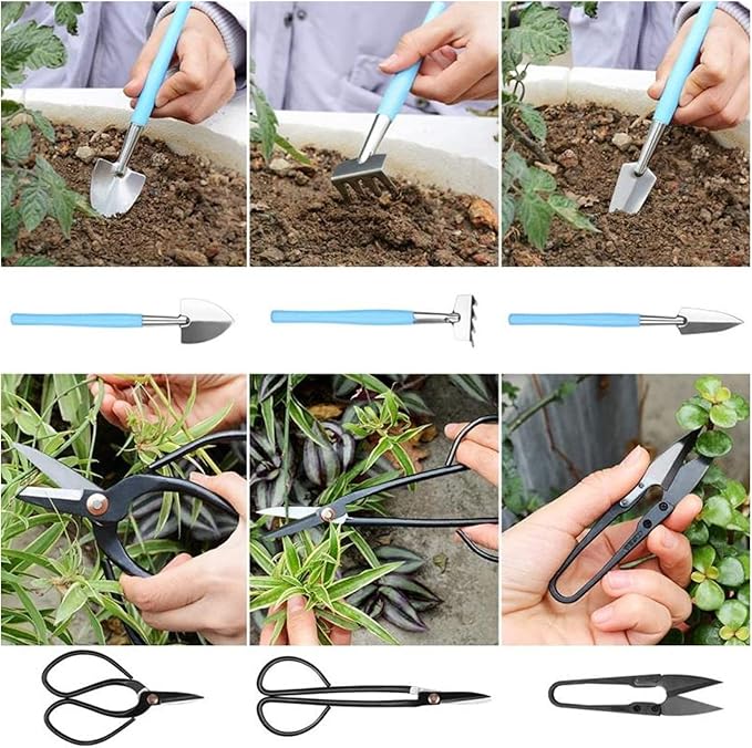 15Pcs Garden Tools Set Succulent Gardening Trimming Kits High Steel Bonsai Tools Set Includes Gardening Bag Hand Rake Shovels Scissors Pruning Shears Wire Gardening Gifts