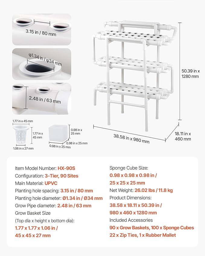 VEVOR Hydroponics Growing System Kit 3-Tier 90 Sites UPVC Pipe Hydroponic Grow Kit with Timed Irrigation Sun &amp Light Blocking Pipes Indoor Home Garden Vegetable Planting Grow Kits for Fruit Her
