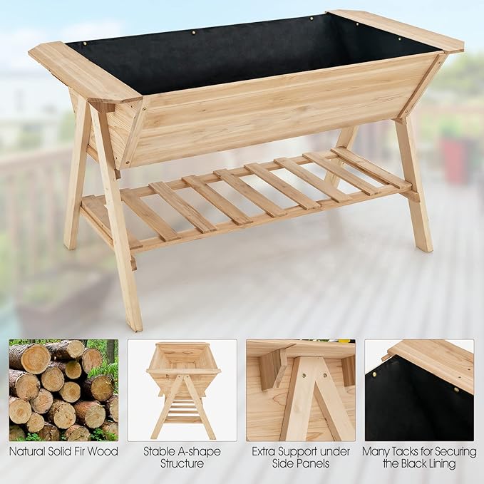Giantex Raised Garden Bed Wood Planter Raised Bed with Storage Shelf Outdoor Plant Box Black Liner Drainage Hole Elevated Freestanding Garden Box for Patio Backyard Balcony 59x31x32.5