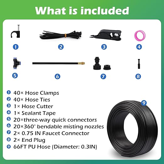 Drip Irrigation System 66 FT with 20 Nozzles 360° Adjustable Bendable Garden Watering Misting System for Greenhouse Yard Lawn Plant Garden 0.3 inch Hose