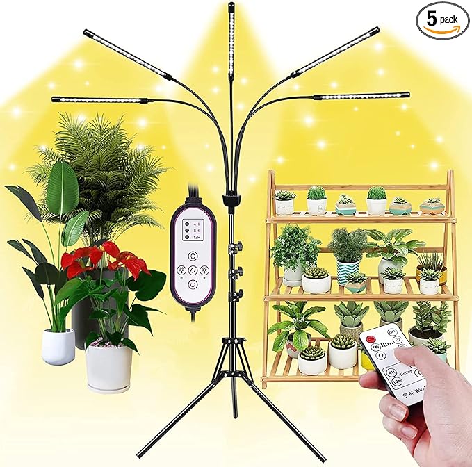 5-Head Adjustable LED Lights Full Spectrum Grow Lamp with Timer Warm White Light for Indoor Plants