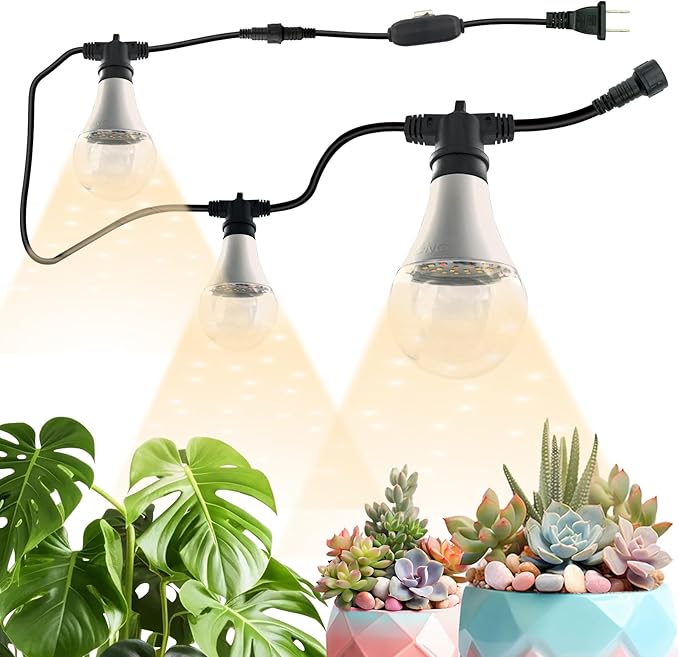 Hanging Grow Light String Bulbs LED Growth Bulb A25 Full Spectrum Plant Light E26 Base 15W houseplant Growting lamp Greenhouse Indoor or Outdoor (3 Lights and Cord)