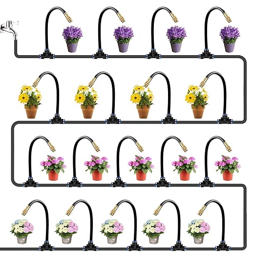60Ft Drip Irrigation System for Garden – 360° Bendable Automatic Watering Kit with 18 Adjustable Nozzles Misting Hose for Greenhouse Lawn Yard &amp Plants (60 FT)