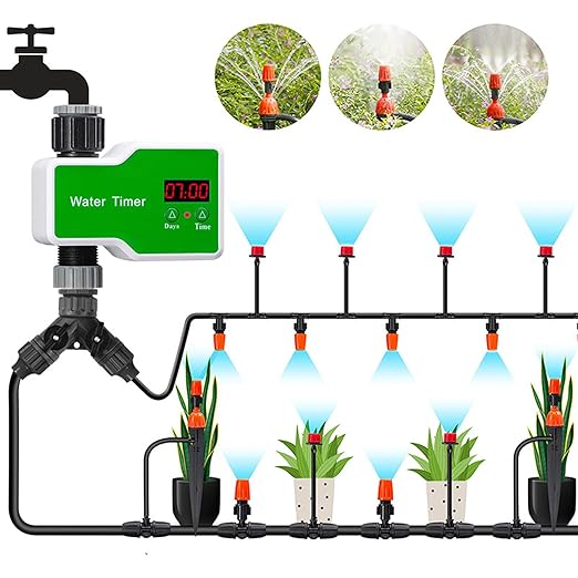 Automatic Drip Irrigation Kits 98.4FT Drip Irrigation System with Garden Timer Quick Connector Watering Nozzles for Greenhouse Garden Lawn Potted Plants Green