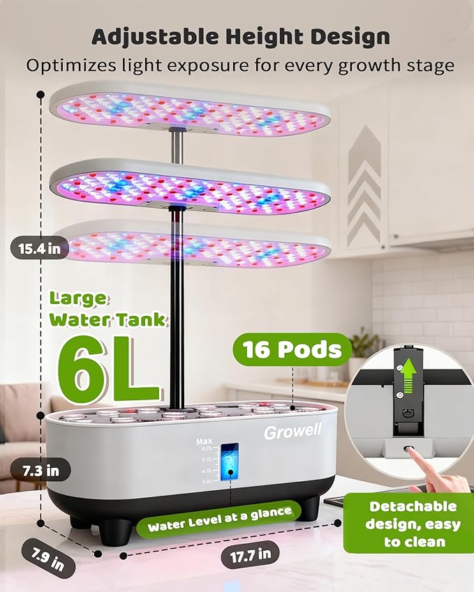 Hydroponics Growing System Kit 16 Pods Vertical 8L Indoor Gardening System for Herb Vegetable Fruit with LED Grow Light Smart Water Circulation 3 Light Modes &amp 2 Timer Gray