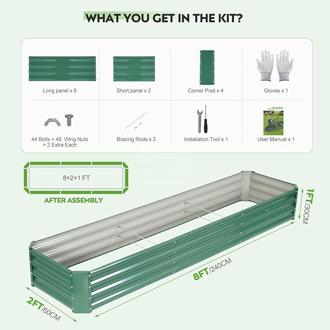 ZORMY 2 Pcs 8x2x1ft Galvanized Raised Garden Bed Outdoor Metal Planter Boxes with Easy Assembly Planter Raised Beds for Gardening Flower Plants Vegetable Herb - LotusGreen