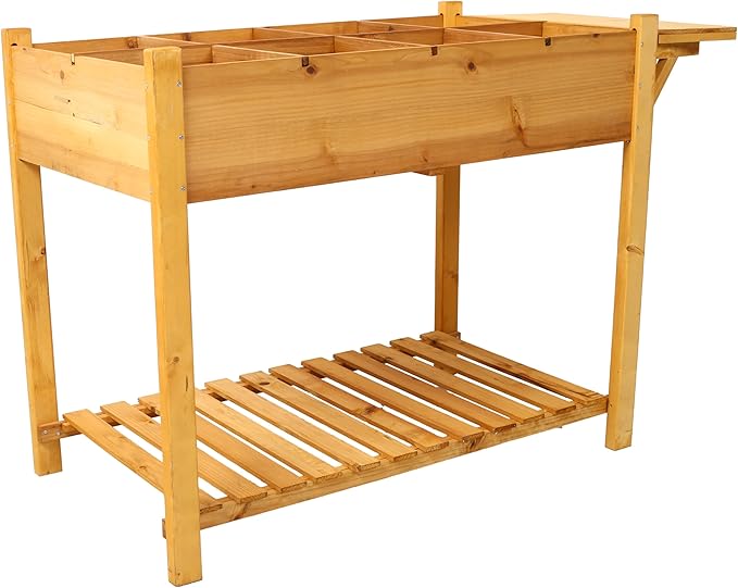 8 Pockets Horticulture Raised Garden Bed Elevated Wood Planter Box Stand with Foldable Side Table and Storage Shelf for HerbVegetablesFlowers