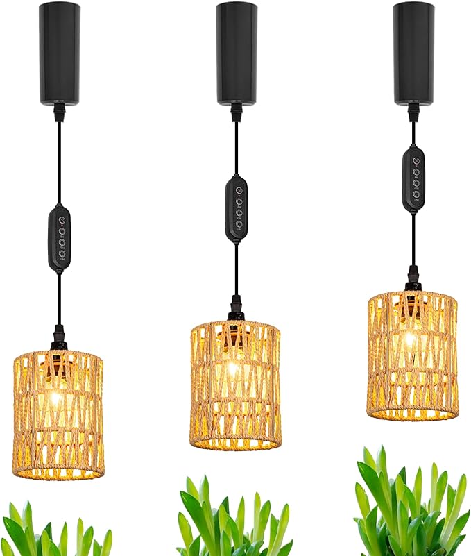 AUTO Plant Growing Lamp Adjustable Height J-Type Track Light PendantsBrown Boho Hollow-Carved Designed Rattan Shade with 24 H Timer for Indoor Planting Kitchen Green House
