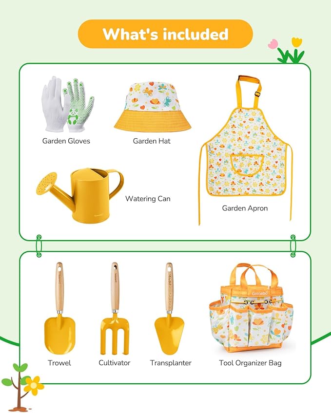 Kids Gardening Set ToysIncludes Metal TrowelTransplanting ShovelGarden hatRakeApronGlovesWatering Canand Tool Organizer Bag (Yellow)
