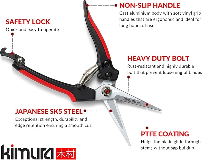 Kimura® 8 Pro Pruning Scissors Premium Japanese SK5 Hi-Carbon Steel Blades Non-Slip Vinyl Coated Handles Lightweight &amp Ergonomic Multi-Tasking Pruning Shears Garden Snips Precision Clippers
