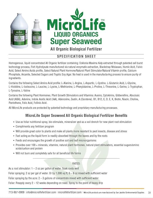 MicroLife Super Seaweed Professional Grade Organic Liquid Concentrate Root Stimulator &amp Foliar Nutritional Spray for All Plants 1 Gallon