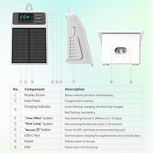 Solar Automatic Drip Irrigation Kit Smart Timer Watering System for 10 Potted Plants Plant Waterer for Balcony Garden Greenhouse Window Sill Indoor Outdoor Use