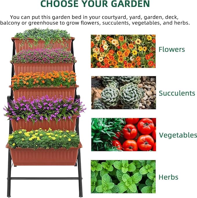 Homdox 2 Pack Elevated Garden Bed 5-Tier Freestanding Vertical Raised Bed for Gardening 5 Garden Planter Boxes and 5 Hooks Perfect to Grow Vegetables Herbs Flowers Outdoor Indoor Brick Red