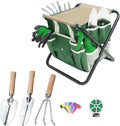 Garden Tool Set 10 Piece Kit with Heavy Duty Folding Stool Detachable Storage Tote Bag Stainless Steel Tools Gifts for Women Men Green