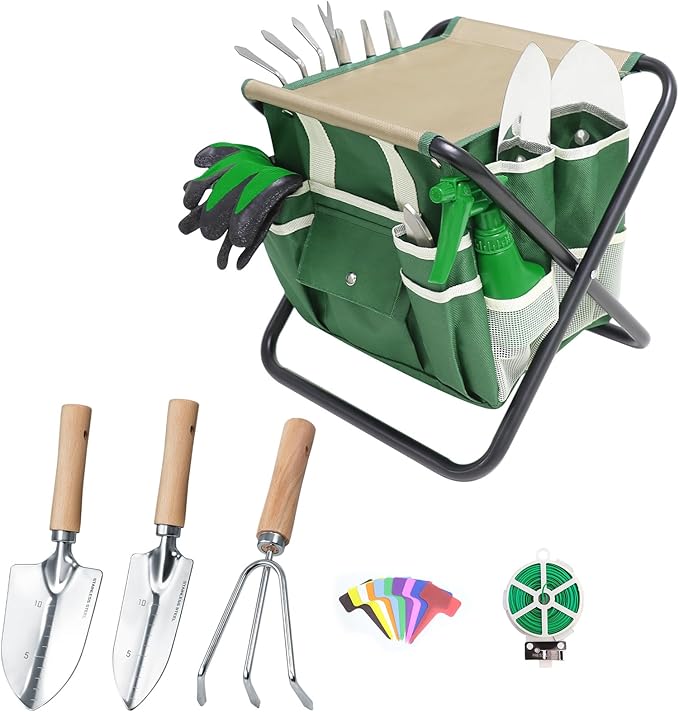 Garden Tool Set 10 Piece Kit with Heavy Duty Folding Stool Detachable Storage Tote Bag Stainless Steel Tools Gifts for Women Men Green