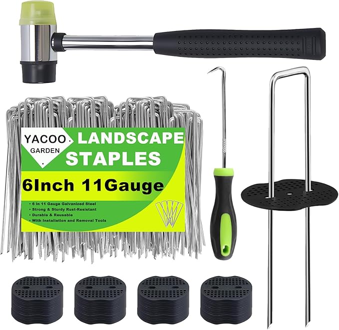 6 Inch Landscape Staples Set 11 Gauge Galvanized U-Shaped Garden Stakes (100 Pack) with Gaskets Hook Tool &amp Rubber Mallet for Weed Fabric &amp Landscaping