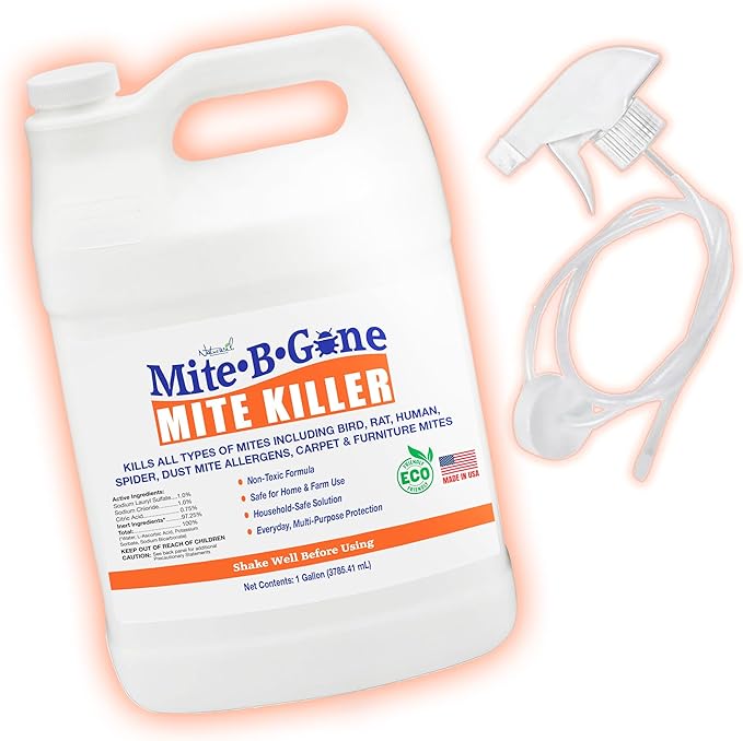 Mite Killer Treatment Spray Pack by Mite-B-Gone - Naturally Kills All Types of Mites Human Dust Spider Rat Carpet &amp Bird Mites | Family &amp Pet Friendly | 1 Gal 4-Pack