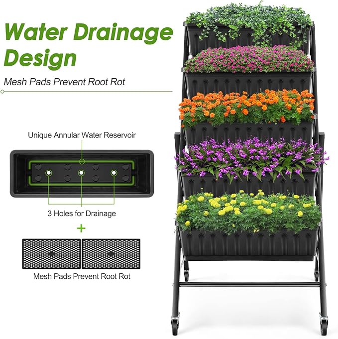 SEJOV 4FT Vertical Raised Garden Bed 5-Tier Vertical Garden Planter with Drainage System Larger Elevated Planter Box for Herb Vegetables Flowers Indoor Outdoor Planters (Black with Lockable Wheels)