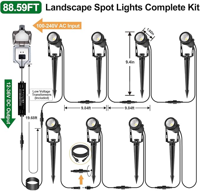 Low Voltage Landscape Lights 8 Pack+2 Pack Extendable Outdoor Landscape Lights+2 Pack Extension Cable 2 * 6.5ft