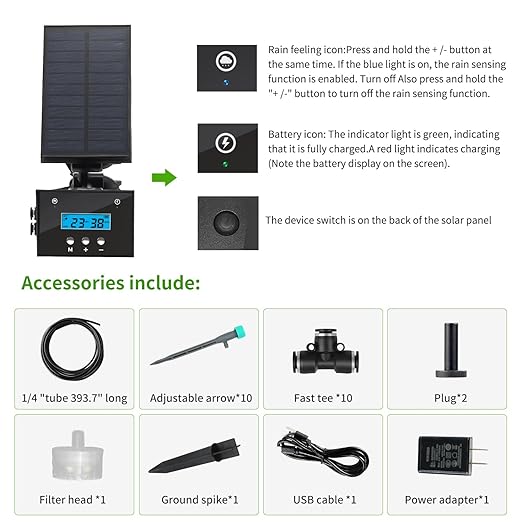 Solar Drip Irrigation System Automatic Irrigation System for Outdoor Gardening2200mA Battery and rain Sensing Functionfor courtyards Balconies Gardens 10 Potted Plants
