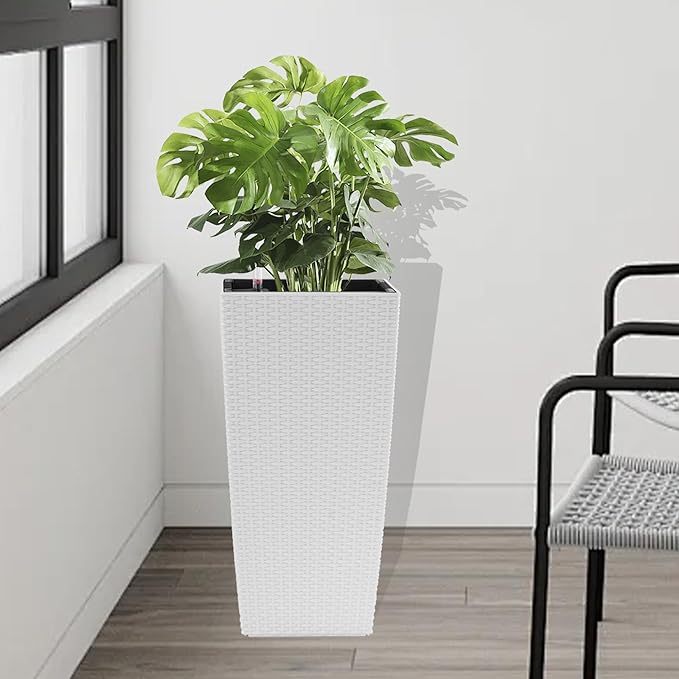 IndoorOutdoor Faux Rattan Square Planter 22.6 inch White Plastic Large Planter with Automatic Watering System for Home and G(White 22.6 inch 2 Pack)
