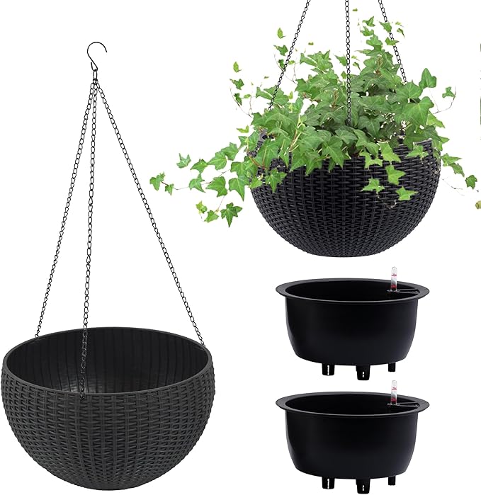 13.4 inch Self Watering Hanging Rattan Planter Large Capacity Root Rot Resistant Water Storage with Water Level Indicator Dual Use for Indoor Balcony Decoration (Pack of 2 Black)