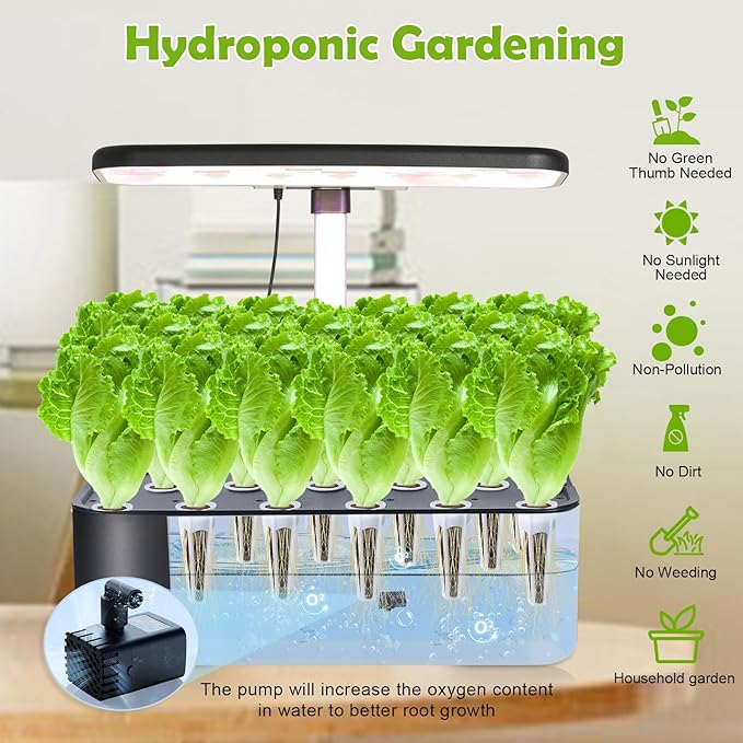 17-Pods Hydroponic Growing System with 24W Full-Spectrum Cooling Grow Light &amp Smart Control Panel Seed Pods kit for Indoor Garden