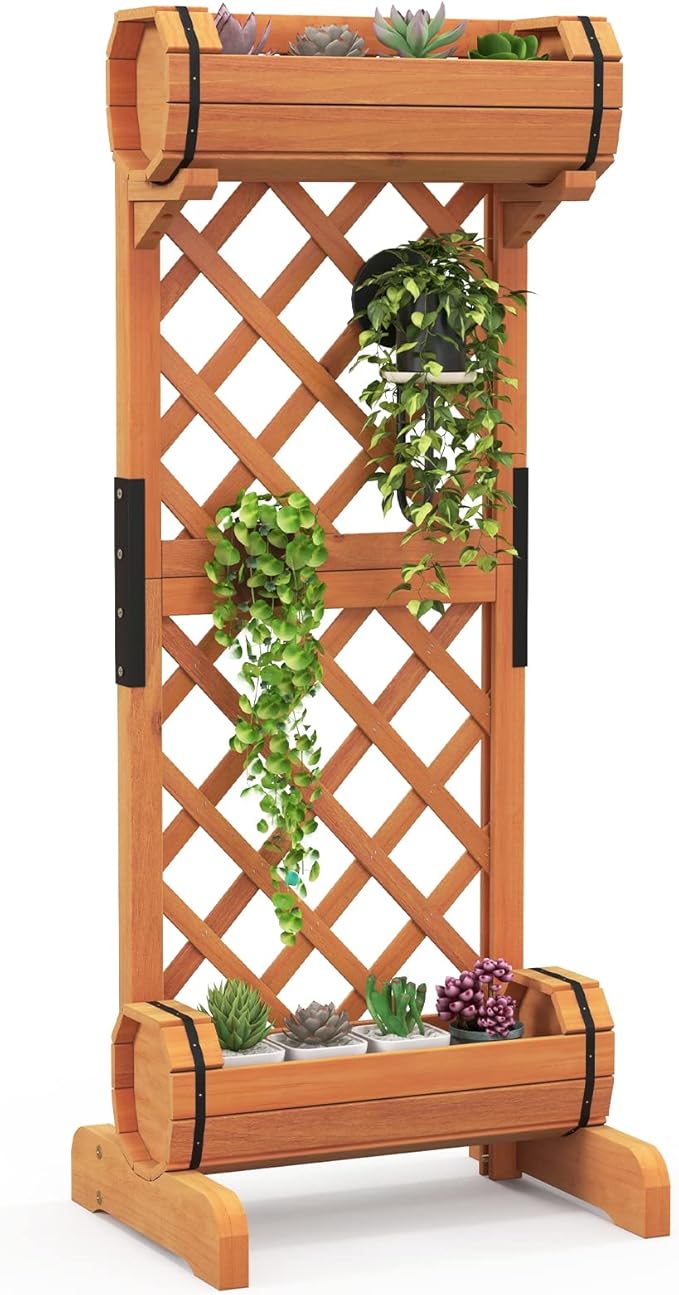HAPPYGRILL Raised Garden Bed with Trellis Removable Planter Boxes with 2-Tier Round Planter Box &amp Lattice Trellis Vertical Wood Raised Flower Bed for Vine Climbing Plants (18 L x 14 W x 44.5